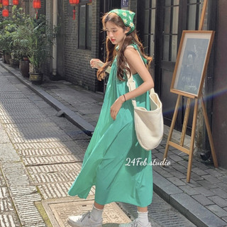 Váy đũi nữ hai dây cổ yếm rút buộc nơ dáng dài phong cách vintage 24Febstudio VN47