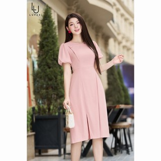 Đầm Thiết Kế Dáng Ôm A Luperi LFV3288 Tay Bồng Cổ Tròn Phối Túi Cúc Kết Hợp Chân Váy Xẻ Tà Trẻ Trung Chiều Dài Qua Gối