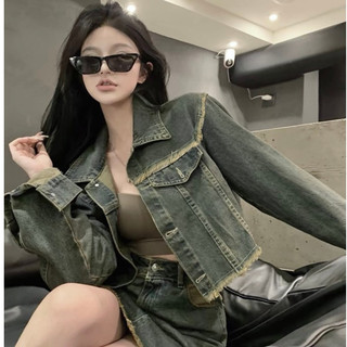 TCSHOPJEANS Áo Khoác Jeans Croptop Bigsize 58kg đến 80kg  Nữ Trơn Tua Lai MS AK99
