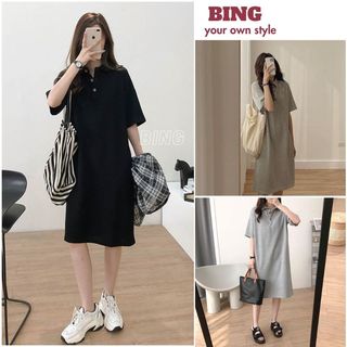 Đầm suông polo cộc tay chất thun - Váy nữ cổ đức dáng lỡ phong cách đơn giản ulzzang hàn quốc - BING V161