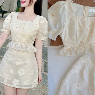 Set áo nhung phối viền trắng bèo + chân váy midi xoè