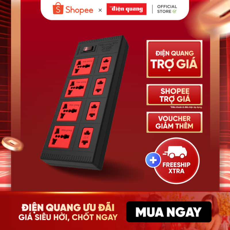 Ổ cắm điện đa năng Điện Quang 2BR 8ECO dây 2m chịu tải cao, cầu chì tự ngắt khi quá tải