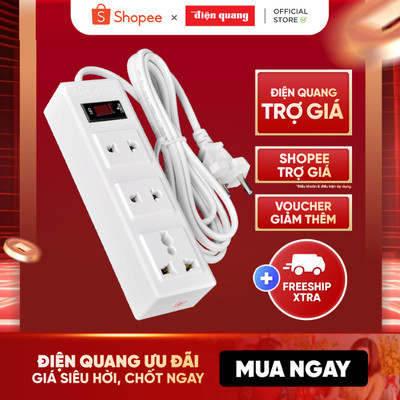 Ổ cắm điện đa năng Điện Quang ĐQ  002A-02 (3 lỗ) chịu tải cao, cầu chì tự ngắt khi quá tải - Bảo hành 12 tháng