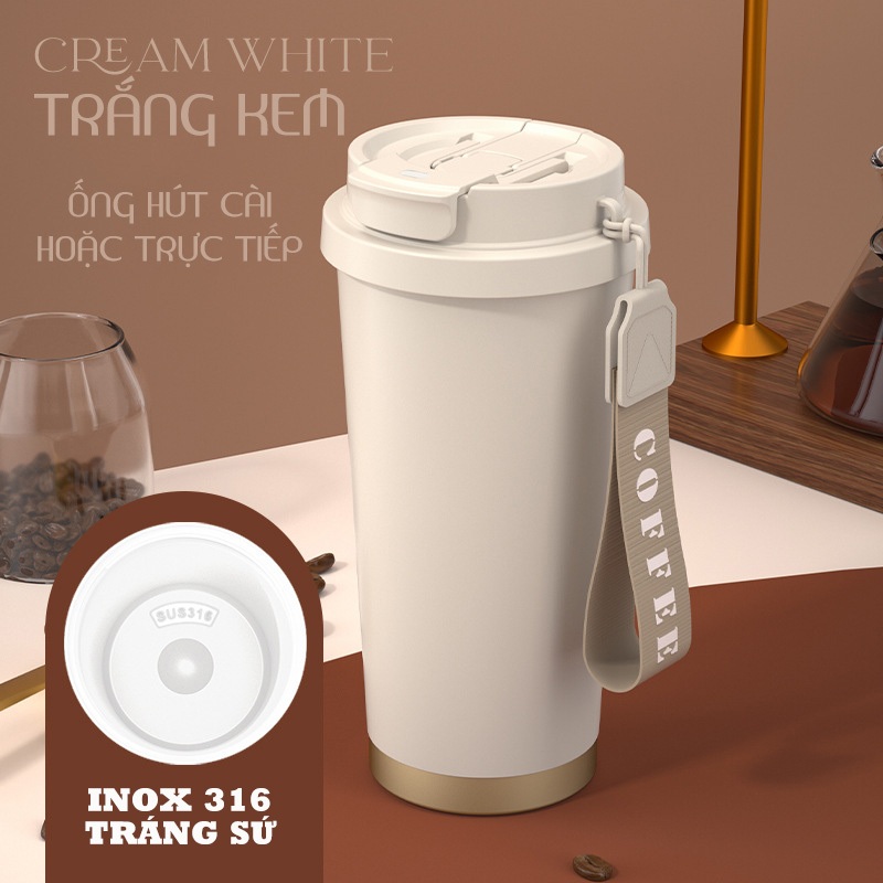 Ly giữ nhiệt tráng sứ cà phê dung tích 530ml, thiết kế mới tối giản, tiện lợi có ống hút | BigBuy360 - bigbuy360.vn