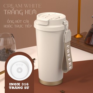 Ly giữ nhiệt tráng sứ cà phê dung tích 530ml, thiết kế mới tối giản, tiện lợi có ống hút