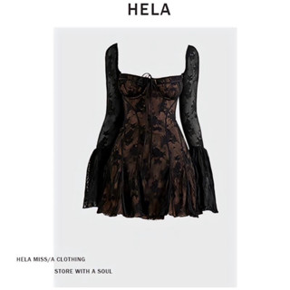 [Hela Chính Hãng] Đầm váy Hela dài tay ôm fit BODY gợi cảm áo Ren sexy cổ V siêu tone dáng Hot 2024