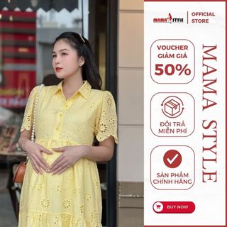 Đầm bầu, váy bầu, Maxi bầu sơ mi cotton thêu hoa sang đẹp, vải mềm mát cao cấp