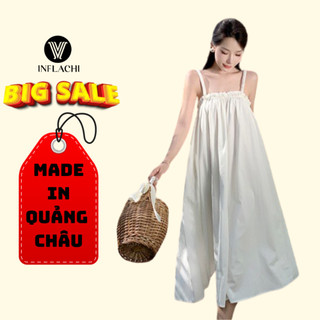 Váy babydoll trắng INFLACHI  cho nữ Đầm 2 dây dáng dài hở vai hở lưng che bụng che khuyết điểm kiểu Hàn V-3