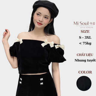  Áo Nhung Trễ Vai Dáng Croptop Đính Nơ Tay Bồng Bigsize Misoul Áo Nhung Hở Vai Đính Nơ 230 