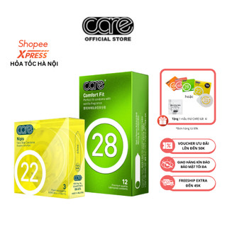 Combo bcs siêu mỏng CARE 22 và CARE 28 nhiều gel bôi trơn kéo dài thời gian hương vani - Hộp 3 CARE 22 và hộp 12 CARE 28