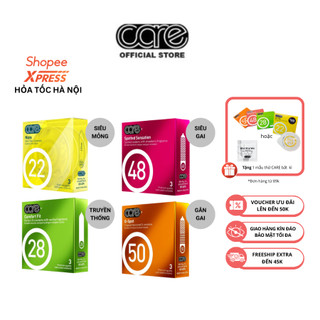 Combo 4 hộp 3 chiếc bao cao su CARE 22 28 48 50 siêu mỏng siêu gai kéo dài thời gian nhiều gel
