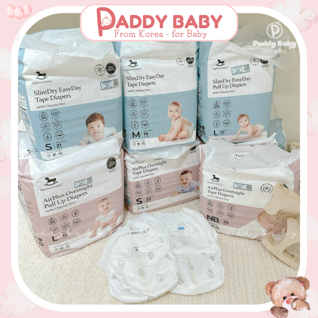 [Thùng 2 bịch] Tã/bỉm dán, quần Applecrumby Slim & Overnight cao cấp đủ size cho bé tư sơ sinh