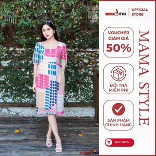 Mama Style, Váy bầu cổ vuông tay phồng xinh xắn chất voan tơ mềm cao cấp