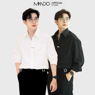 Áo Sơ Mi Dài Tay Hai Màu Trắng Đen MANDO Thêm Phụ Kiện Trước Áo Thiết Kế Dáng Đứng Chất Liệu Vải Chéo Hàn Mêm Mịn SHT032