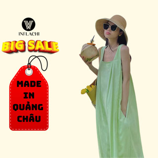 Váy đi biển INFLACHI đầm maxi 2 dây dáng dài rộng bigsize kiểu Hàn Quốc vintage cổ vuông babydoll hở lưng 8896 CT-27