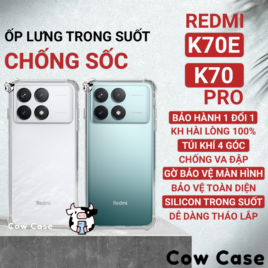 Ốp lưng Redmi K70, K70e, K70 Pro chống sốc silicon dẻo trong Cowcase | Vỏ lưng điện thoại Xiaomi bảo vệ camera toàn diện