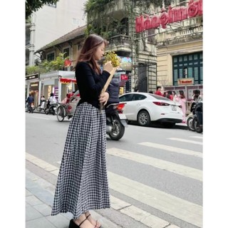 Chân váy dáng dài kẻ caro kiểu maxi có túi rộng cạp chun kiểu Hàn Quốc sz S M L