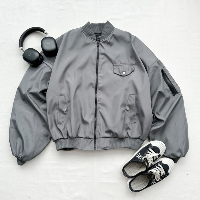 Áo Bomber Jacket Tay nhún BOMBER ZIP BOXY - Áo khoác Dù TANU tay nhún cánh dơi form rộng nam nữ unisex màu XÁM CHÌ/ĐEN 🖤