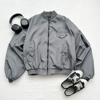 Áo Bomber Jacket Tay nhún BOMBER ZIP BOXY - Áo khoác Dù TANU tay nhún cánh dơi form rộng nam nữ unisex màu XÁM CHÌ/ĐEN 🖤