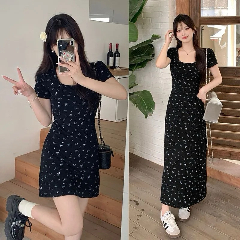 Váy màu đậm hoa nhí cổ vuông chữ U retro cổ điển pháp thun co giãn dáng ngắn và dài ôm body tôn dáng ulzzang