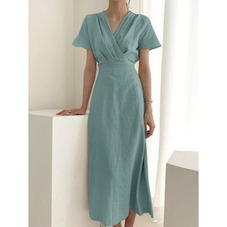 ĐẦM XOÈ LINEN XẾP PLY CỔ