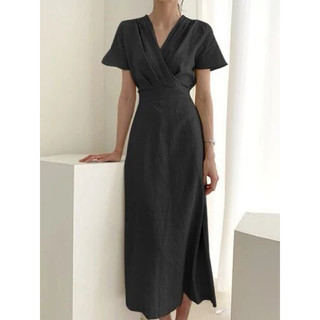 ĐẦM XOÈ LINEN XẾP PLY CỔ