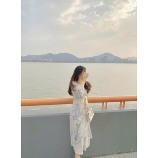 Đầm voan hoa dáng dài xòe tay dài, cột nơ cổ  màu y hình cực xinh cho chị em bánh bèo