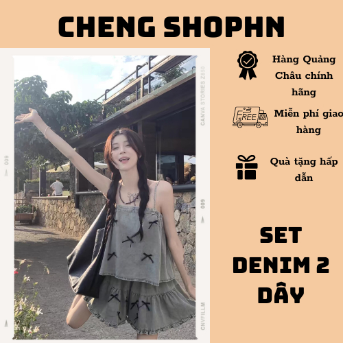 SET DENIM 2 DÂY KÉT HỢP QUẦN SHORT NHẸ NHÀNG, PHONG CÁCH TIỂU THƯ HÀNG QUẢNG CHÂU BS11