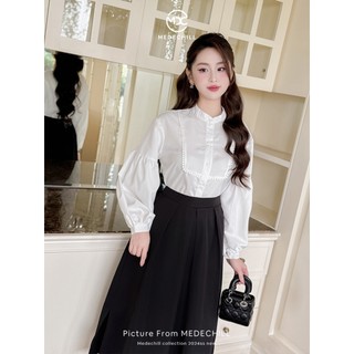 Áo Sơ Mi Cổ Tròn Tay Bồng Chất Thô Mềm Phối Ren Tạo Điểm Nhấn Phong Cách Công Sở Thanh Lịch A583 MEDECHILL
