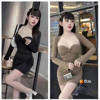 đầm xoắn ngực tay dài hở cổ sexy dáng ngắn tôn dáng chất thun bozip