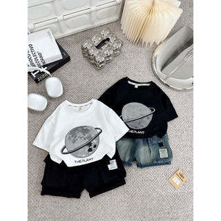 Quần áo bé trai, set bộ áo cotton họa tiết hình hành tinh kèm quần short jean cho bé 10-30kg