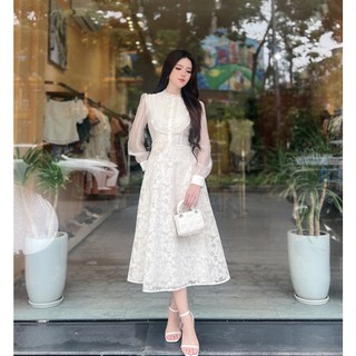 Váy nữ dáng xoè dài Her studios cổ tròn phối tay dài