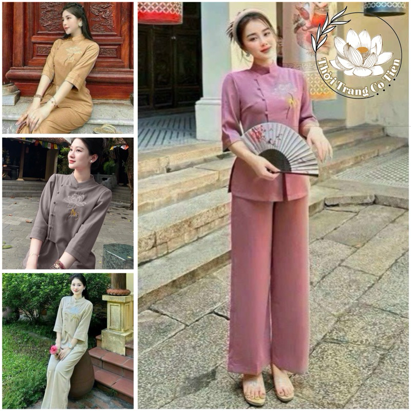 Bộ đồ lam đi Chùa nữ bộ pháp phục đi chùa áo phật tử thêu hoa sen kết hợp chữ an nút gài bọc vải