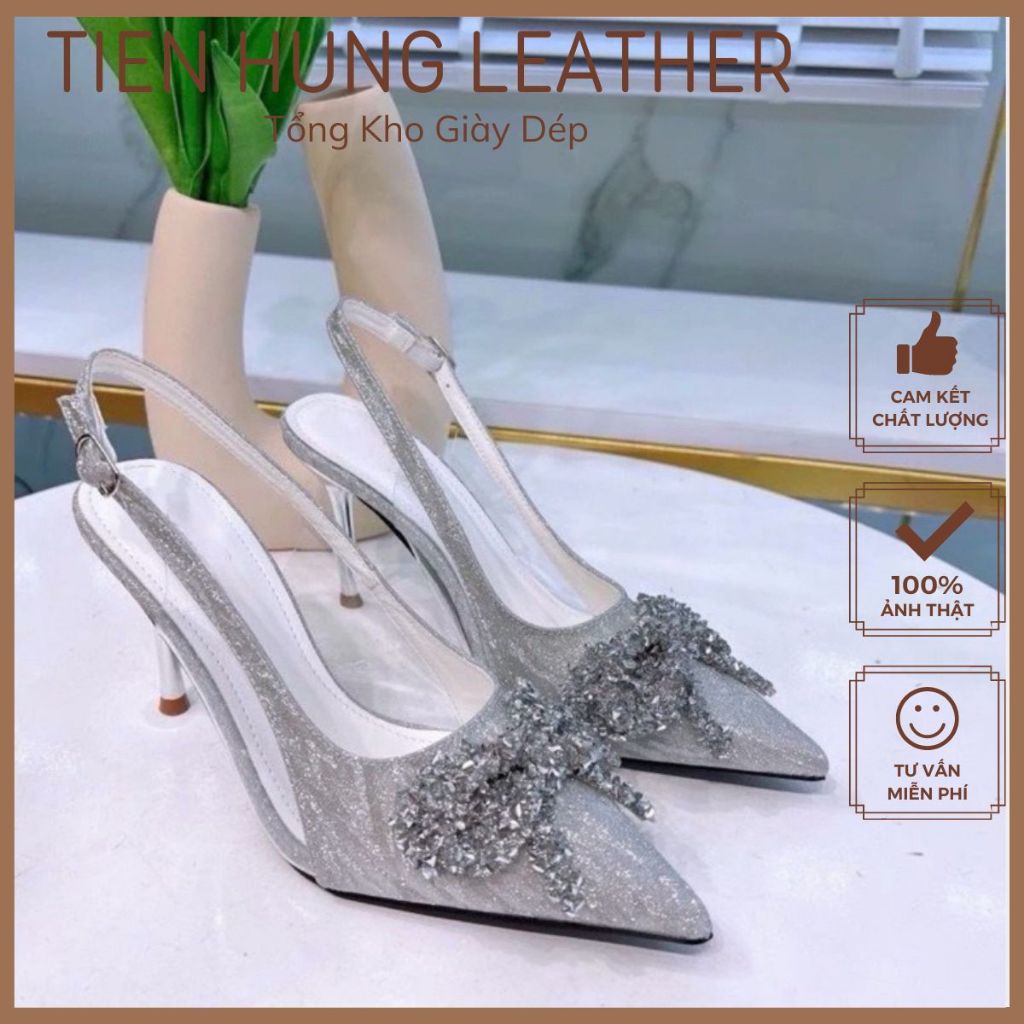 Giày cao gót nữ 7 phân - 9 phân kim tuyến phối mika đính nơ, giày cưới cô dâu TH1029