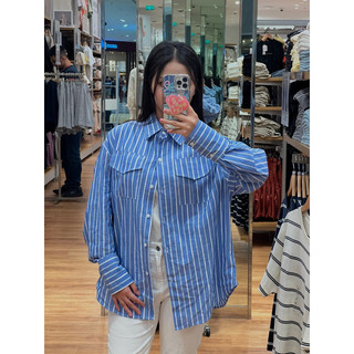 Áo sơ mi nữ dài tay form dáng oversize sọc xanh chất thô cotton