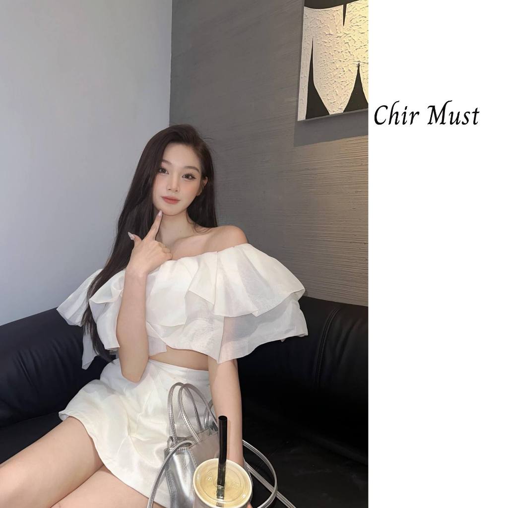 Chir Must Áo tơ ngắn trễ vai bèo phồng 2 tầng, trẻ trung năng động - Bae Top