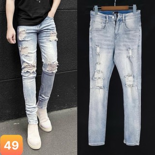 Quần jean nam màu xanh nhạt rách gối chất liệu bò cao cấp co dãn 4 chiều đẹp form rin skinny LAVADO34 mới