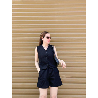 Set áo gile phối quần cộc vải lien