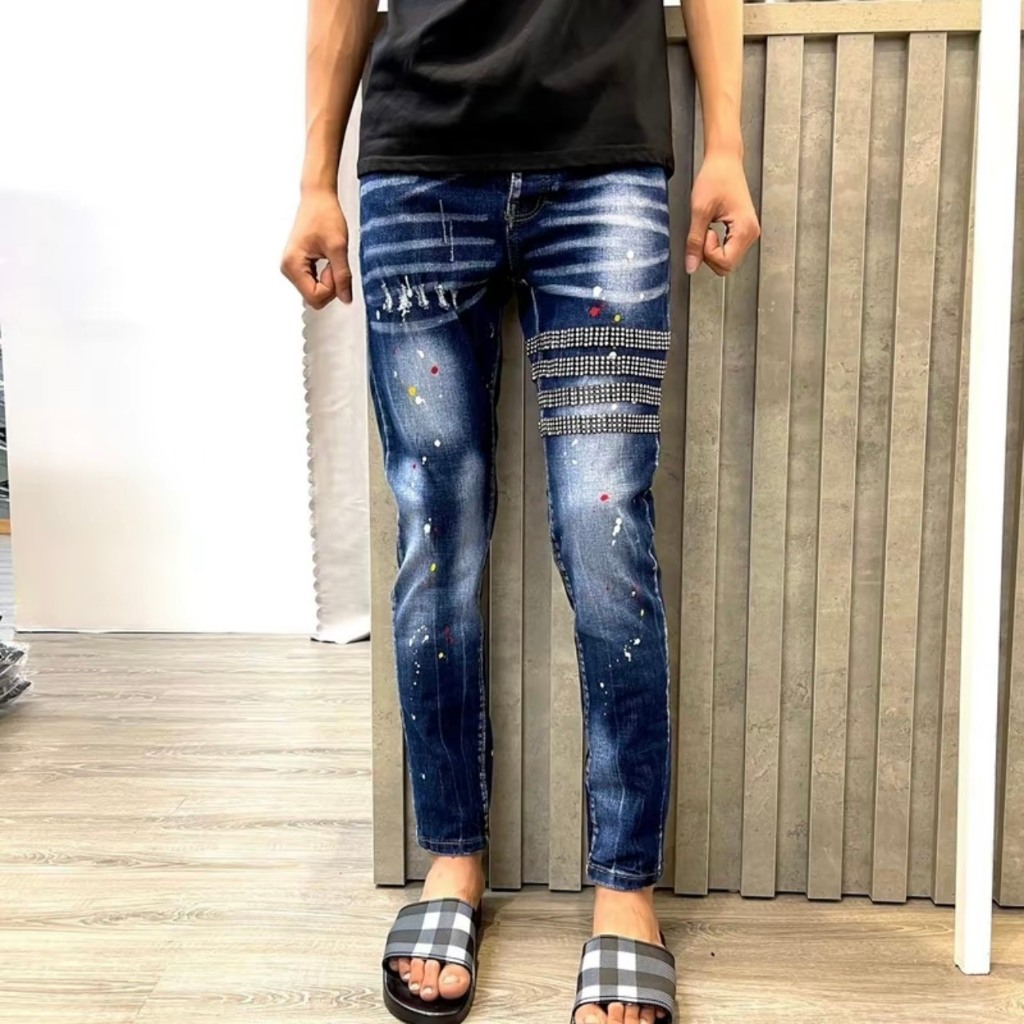 Quần Jeans Nam Xanh Đính Đá Kinh Cương Thêu 4 Viền, Quần Jean 4 cúc Đầu Đủ Hotttt 2024