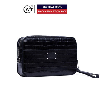 Clutch Nam Có Quai Cầm Tay WT leather STAMP CROC Da Bò Thật. Màu Đen