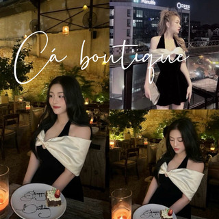 Đầm Nhung Nơ Cổ Yếm Đi Tiệc (CÓ MÚT, Lót)
