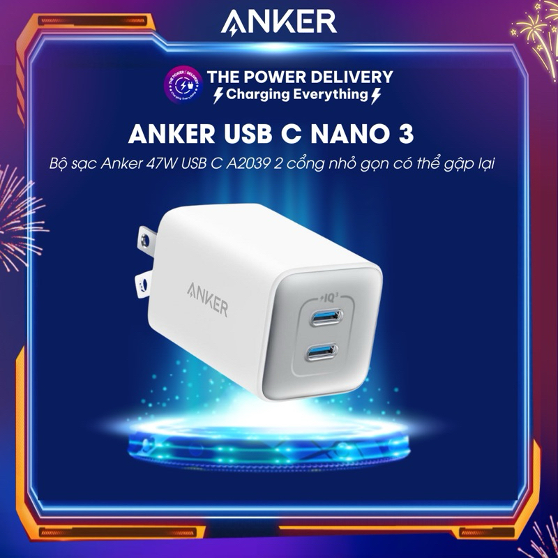 Bộ sạc nhanh Anker 47W USB C A2039 (Nano 3) GaN 2 cổng nhỏ gọn có thể gập lại