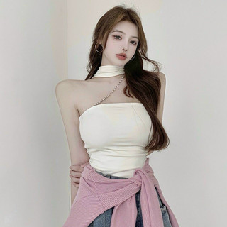 Áo yếm ống croptop tròng cổ phối xích chocker thun tăm trắng đen xinh VANISA CT029