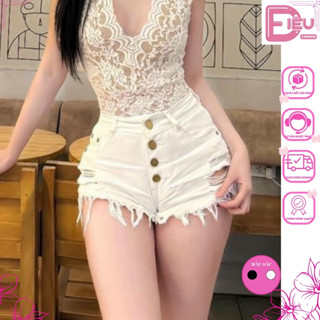 Quần sọt jean nữ ngắn cạp cao phối 4 nút cá tính, Quần đùi short nữ phối tua rua ôm body tôn vòng 3 sexy - Q17