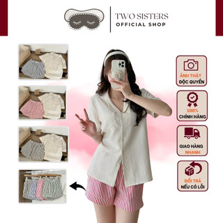 Bộ đồ ngủ mặc nhà TWOSISTERS, set Pijama nữ áo cộc trơn quần đùi kẻ trẻ trung M10