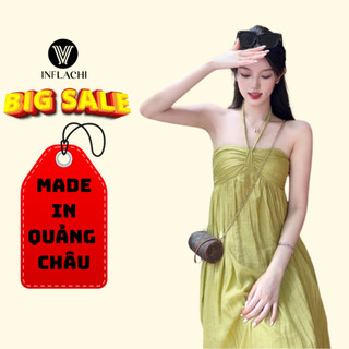 Đầm maxi váy đi biển INFLACHI dáng dài hở vai cổ yếm nơ ngực xinh xắn chất mềm mịn xốp mát 1156 V-6