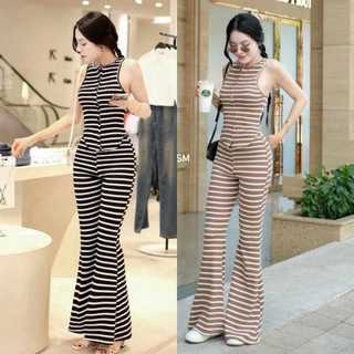 Đồ bộ nữ, set đồ bộ quần ống loe đai cao, áo ôm 3 lổ cổ trụ lai bầu vải thun cotton gân borip, bộ đồ nữ
