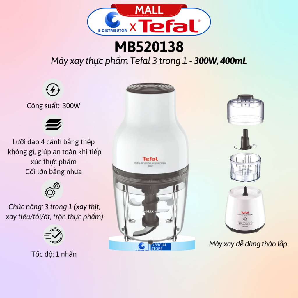 Máy xay thực phẩm Tefal 3 trong 1 MB520138 - Dung tích 400mL - Hàng Chính Hãng - Bảo Hành 12 Tháng