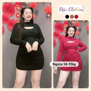 Đầm Body Bigsize Nữ Tay Dài Cổ Cao Dáng Váy Mini Ngắn Nhún Chun Hai Bên Gợi Cảm G71