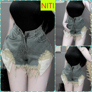   SONL1591  QUẦN SHORT JEANS ĐÙI NỮ LƯNG CAO RÁCH LAI LỘ TÚI MÀU XANH ĐẬM PHỦ BỤI VÀNG LAI TUA MÁT MẺ CÁ TÍNH 